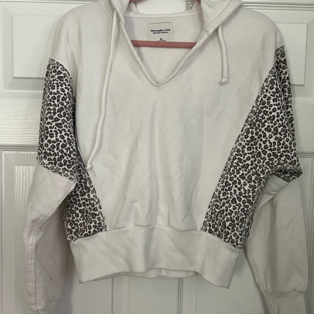 Abercrombie & Fitch White Hoodie with Leopard Accents